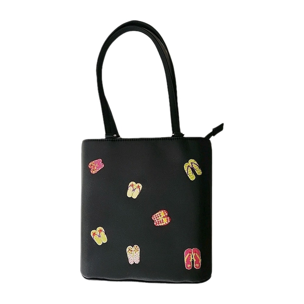 Sandol Living Fashion Handbag Black Fabric w/Embroidered Colorful Flip Flops EUC
